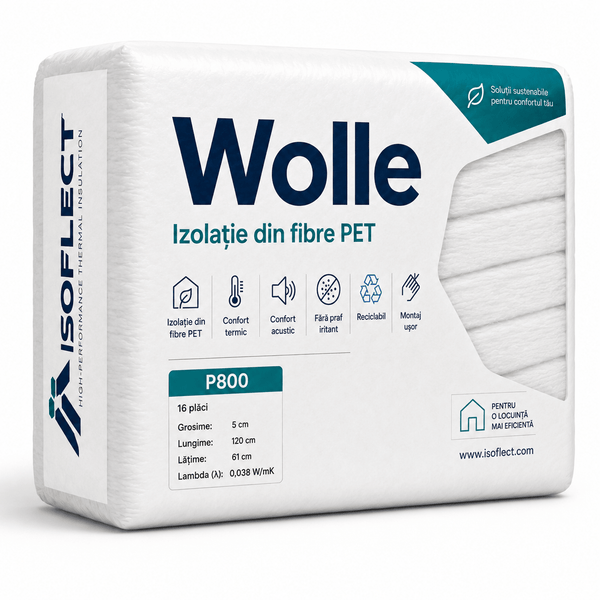 Wolle P800, grosime 5 cm, pachet 11,712 mp, 16 plăci 1.2 x 0,61 m, conductivitate termică Lambda λ = 0,038 W/M2K - Isoflect Insulation
