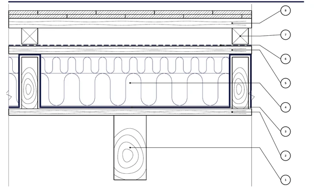 Detail CAD ISO-ACO-04: Podkrovie s viditeľnými krokvami — Gold v poliach