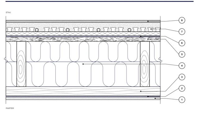 Detail CAD ISO-PLA-02: Drevený medzipodlažný strop — systém s doskami s výstupkami