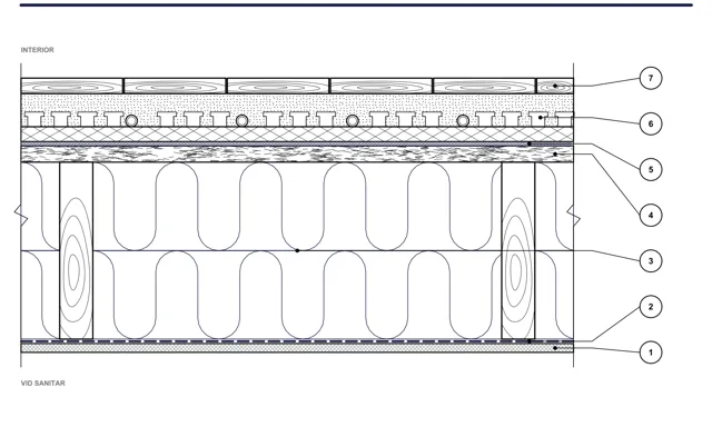 Detail CAD ISO-PLA-05: Strop nad vzduchovou medzerou — systém s doskami s výstupkami